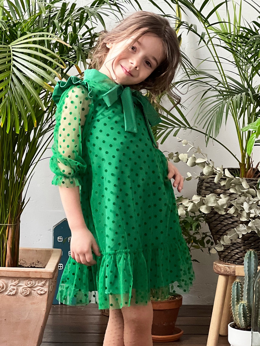 Платье для девочки нарядное БУШОН ST50, цвет зеленый, бант, горошек/однотонный 