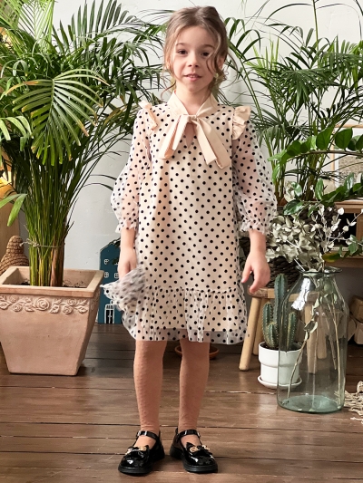 Платье для девочки нарядное БУШОН ST50, цвет капучино, бант, горошек/однотонный