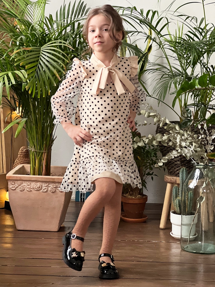 Платье для девочки нарядное БУШОН ST50, цвет капучино, бант, горошек/однотонный 