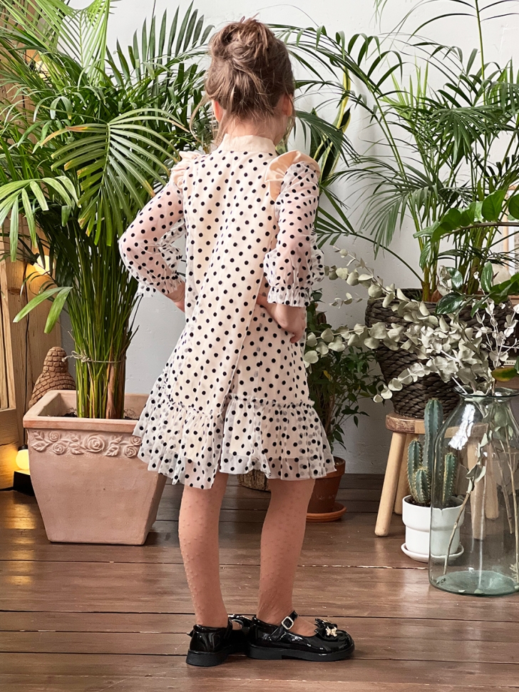 Платье для девочки нарядное БУШОН ST50, цвет капучино, бант, горошек/однотонный 