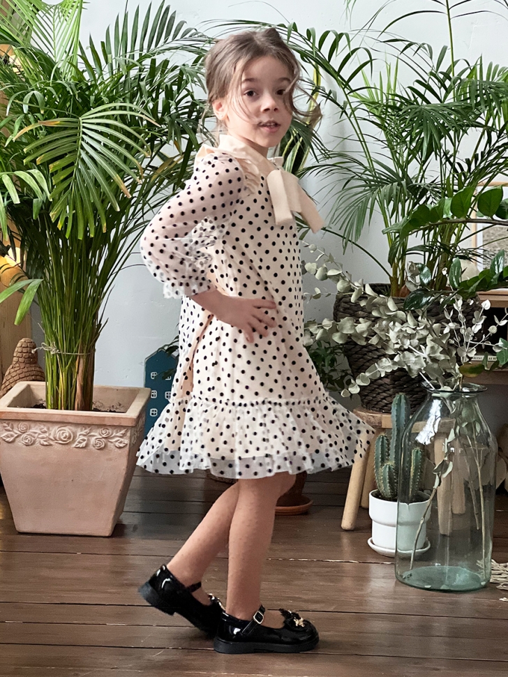 Платье для девочки нарядное БУШОН ST50, цвет капучино, бант, горошек/однотонный 