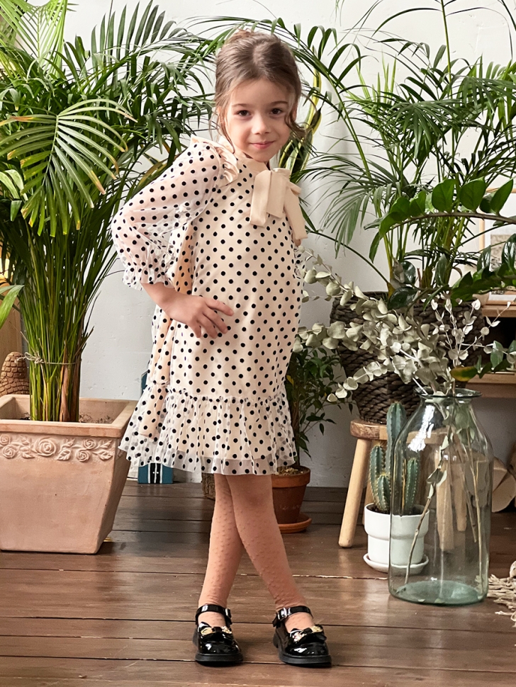 Платье для девочки нарядное БУШОН ST50, цвет капучино, бант, горошек/однотонный 