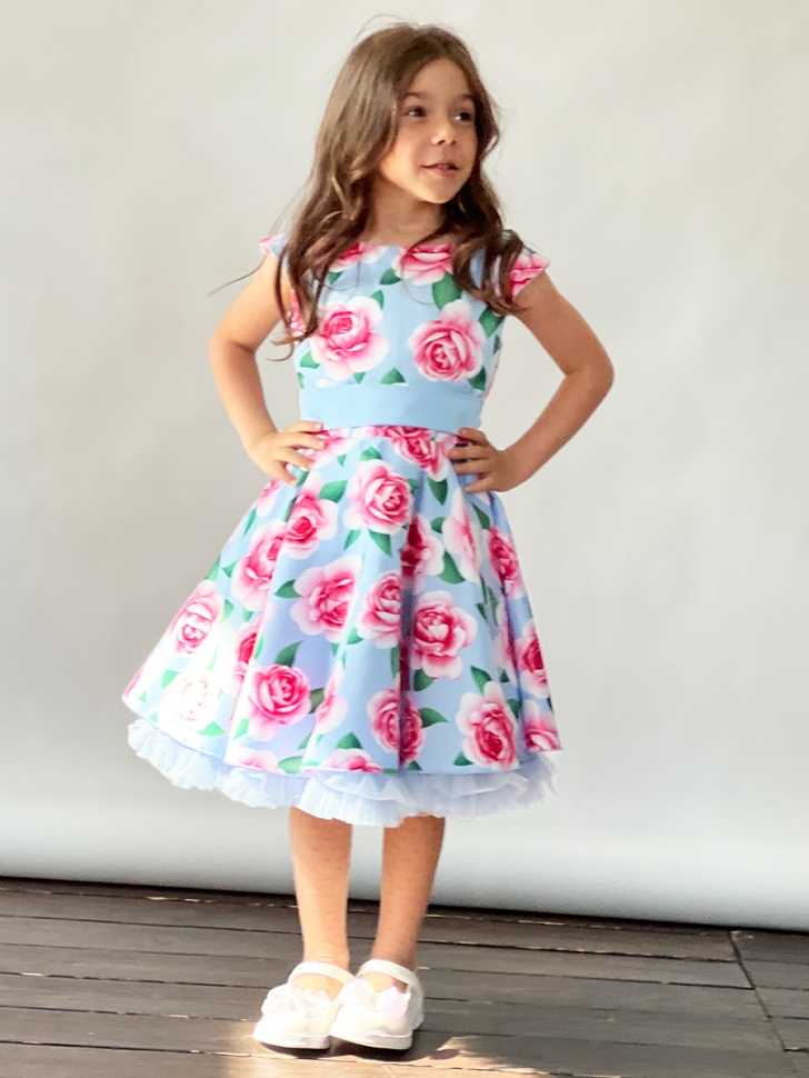 Платье для девочки нарядное БУШОН ST30, стиляги, цвет голубой/розовый цветы 