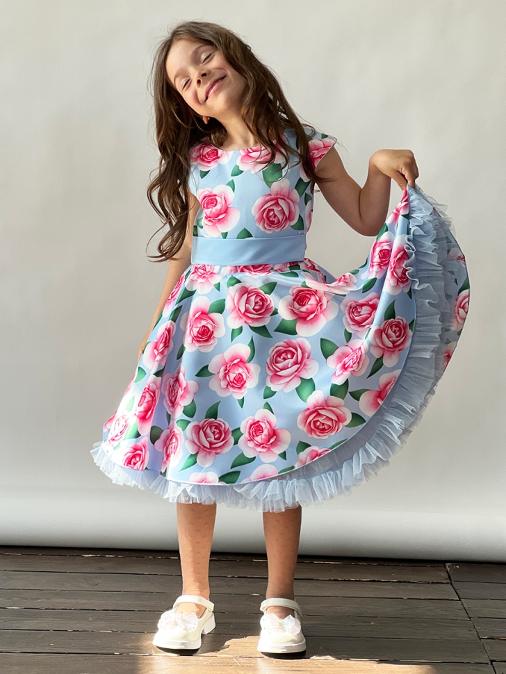 Платье для девочки нарядное БУШОН ST30, стиляги, цвет голубой/розовый цветы 