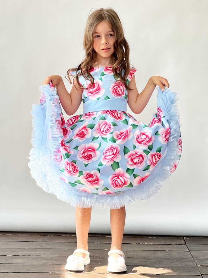 Платье для девочки нарядное БУШОН ST30, стиляги, цвет голубой/розовый цветы 
