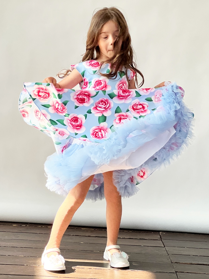 Платье для девочки нарядное БУШОН ST30, стиляги, цвет голубой/розовый цветы 