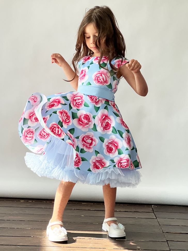 Платье для девочки нарядное БУШОН ST30, стиляги, цвет голубой/розовый цветы 