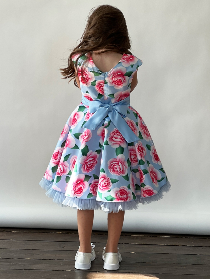 Платье для девочки нарядное БУШОН ST30, стиляги, цвет голубой/розовый цветы 