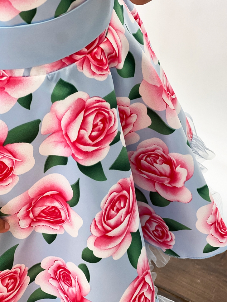 Платье для девочки нарядное БУШОН ST30, стиляги, цвет голубой/розовый цветы 