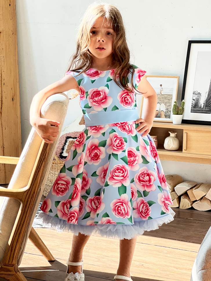 Платье для девочки нарядное БУШОН ST30, стиляги, цвет голубой/розовый цветы 