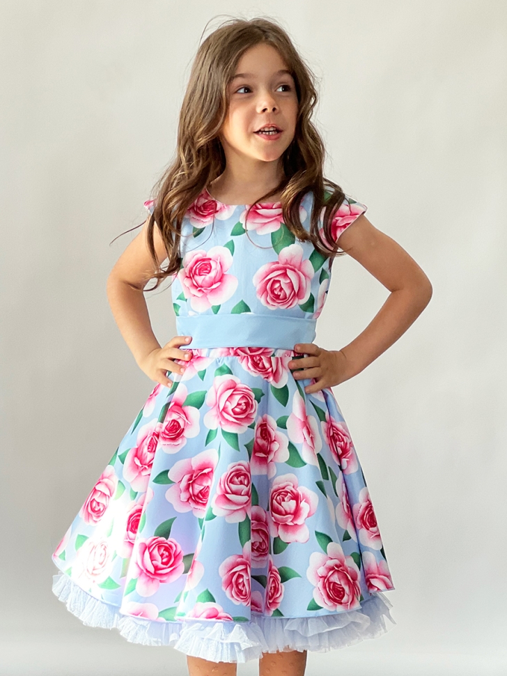 Платье для девочки нарядное БУШОН ST30, стиляги, цвет голубой/розовый цветы 