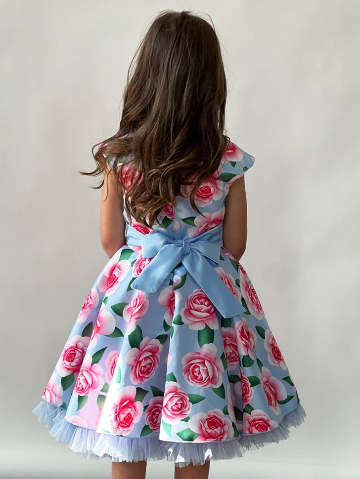 Платье для девочки нарядное БУШОН ST30, стиляги, цвет голубой/розовый цветы 