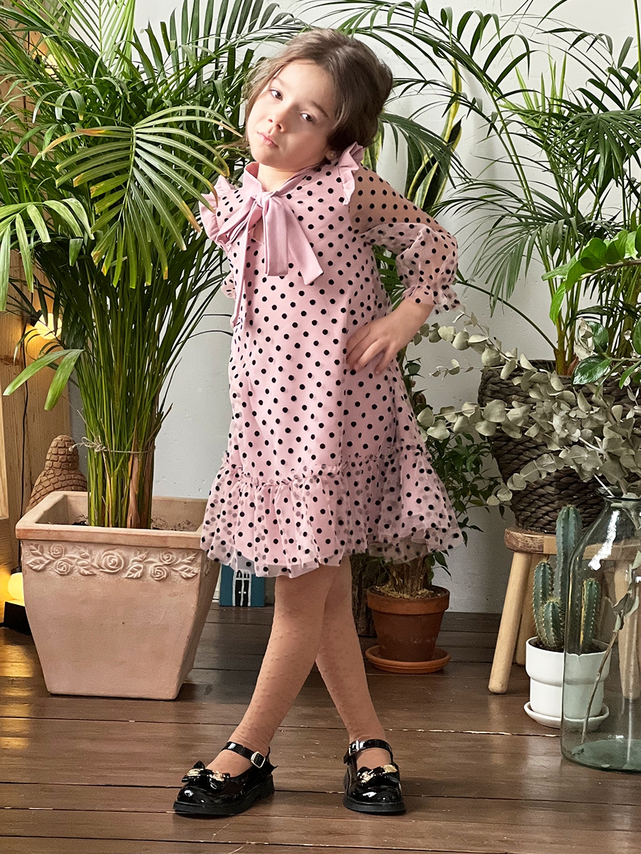 Платье для девочки нарядное БУШОН ST50, цвет темно-розовый, бант, горошек/однотонный 