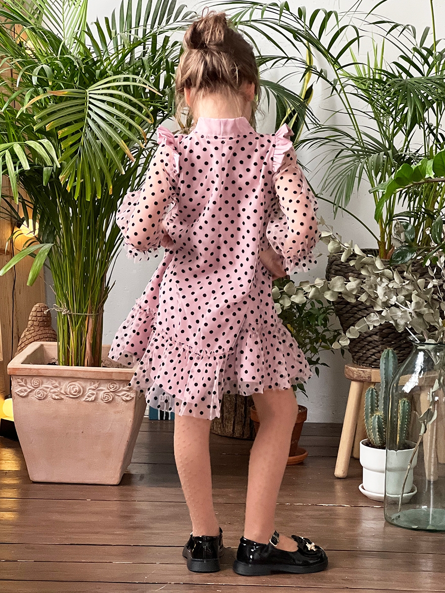 Платье для девочки нарядное БУШОН ST50, цвет темно-розовый, бант, горошек/однотонный 