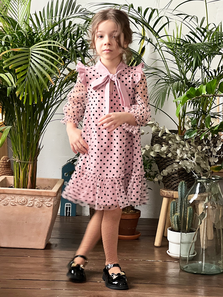 Платье для девочки нарядное БУШОН ST50, цвет темно-розовый, бант, горошек/однотонный 