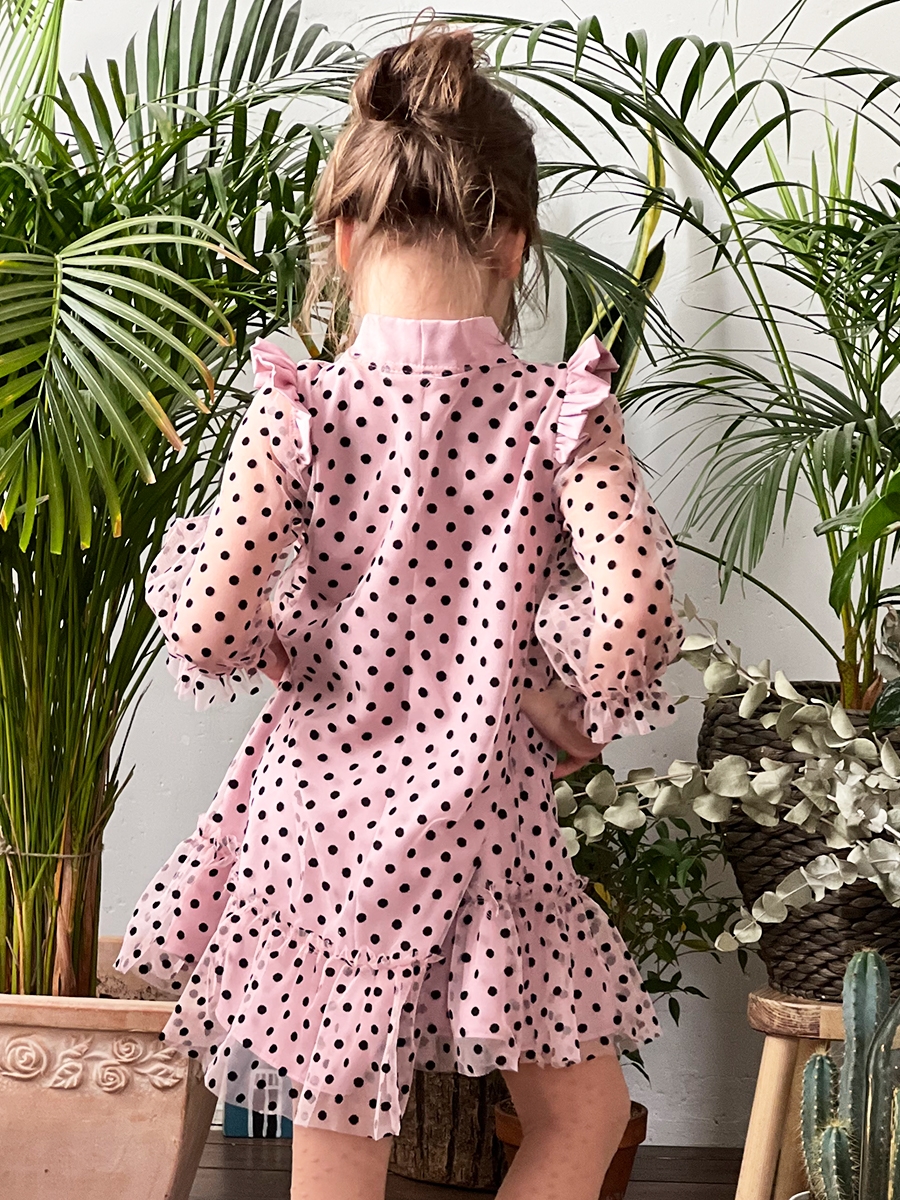 Платье для девочки нарядное БУШОН ST50, цвет темно-розовый, бант, горошек/однотонный 