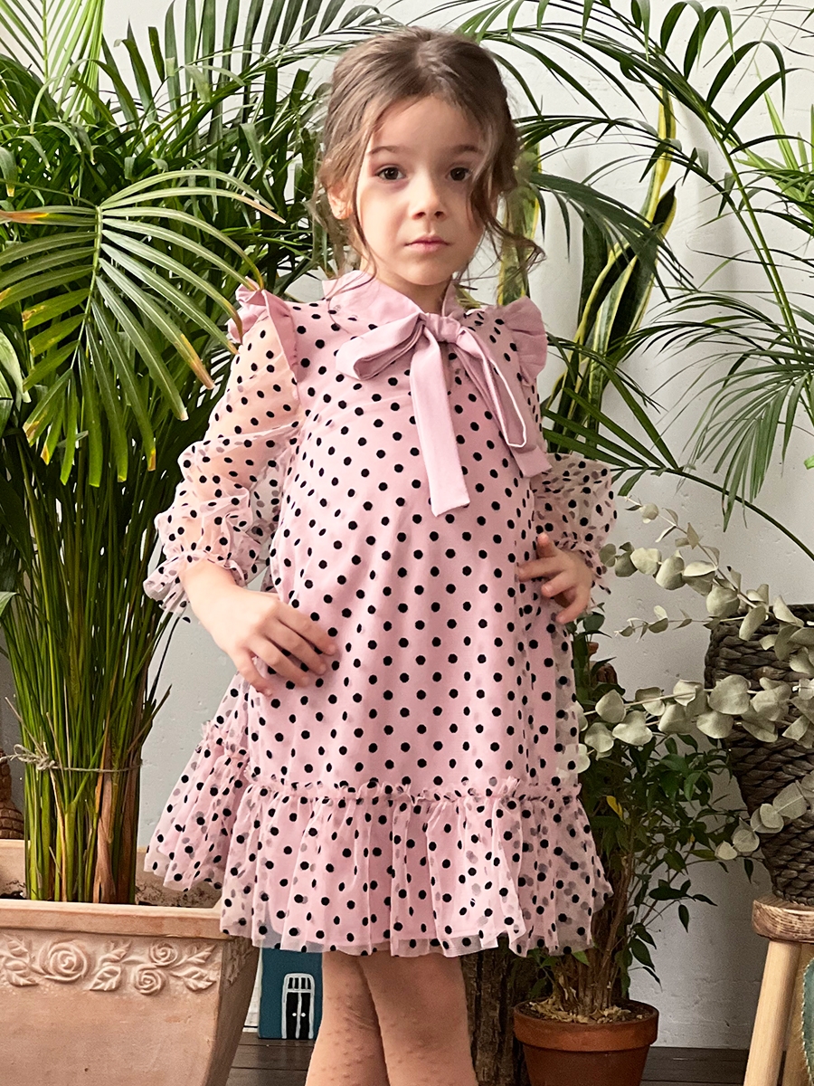 Платье для девочки нарядное БУШОН ST50, цвет темно-розовый, бант, горошек/однотонный 