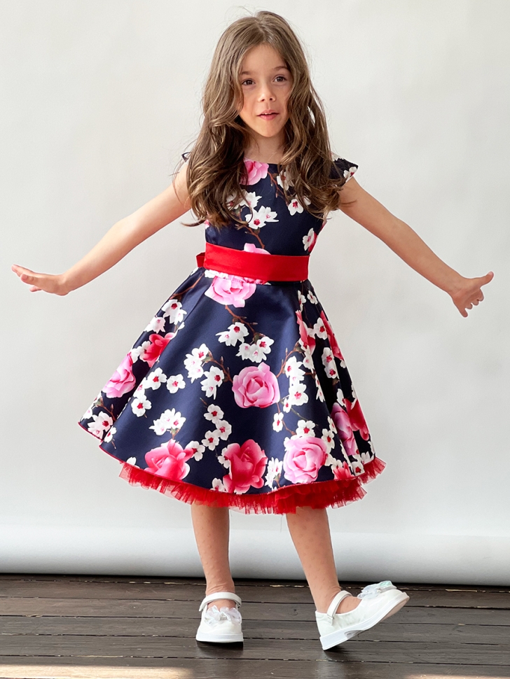 Платье для девочки нарядное БУШОН ST30, стиляги, цвет темно-синий/красный цветы 