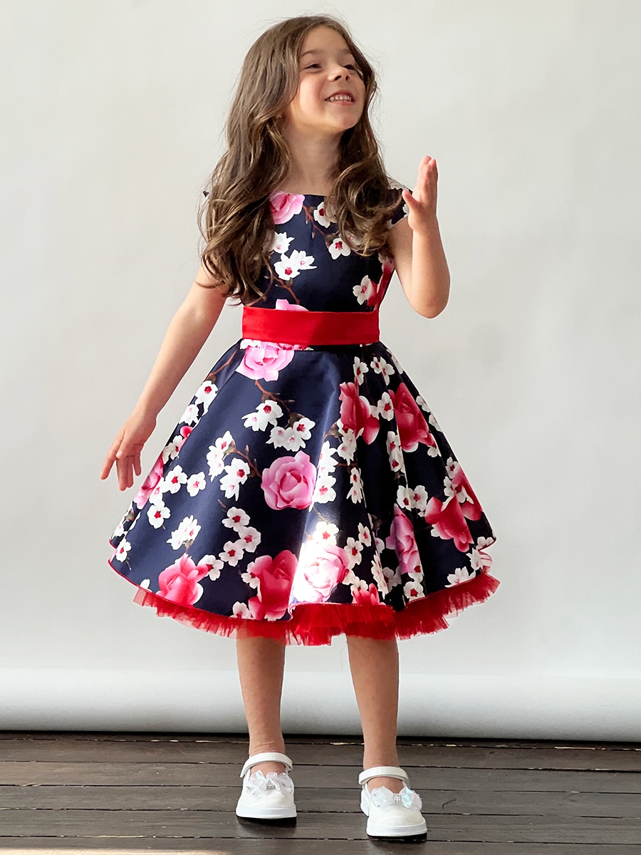 Платье для девочки нарядное БУШОН ST30, стиляги, цвет темно-синий/красный цветы 