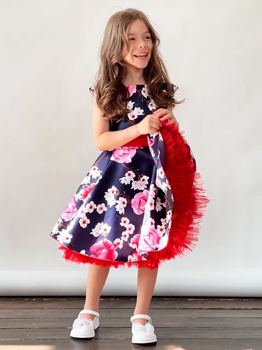 Платье для девочки нарядное БУШОН ST30, стиляги, цвет темно-синий/красный цветы 
