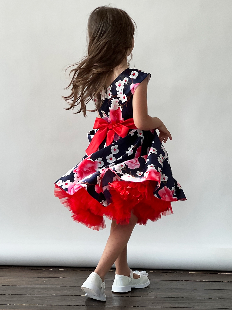 Платье для девочки нарядное БУШОН ST30, стиляги, цвет темно-синий/красный цветы 