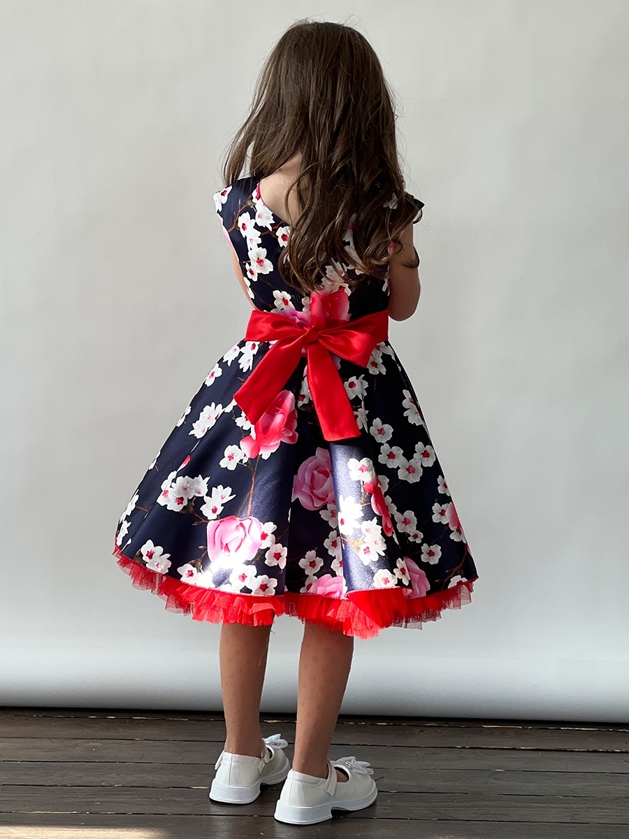 Платье для девочки нарядное БУШОН ST30, стиляги, цвет темно-синий/красный цветы 