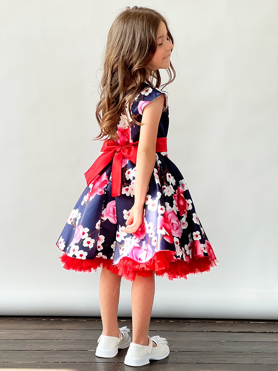 Платье для девочки нарядное БУШОН ST30, стиляги, цвет темно-синий/красный цветы 