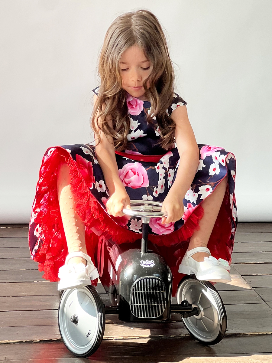 Платье для девочки нарядное БУШОН ST30, стиляги, цвет темно-синий/красный цветы 