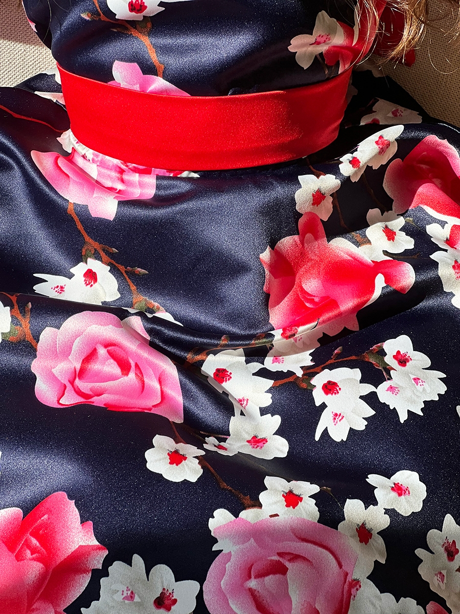 Платье для девочки нарядное БУШОН ST30, стиляги, цвет темно-синий/красный цветы 