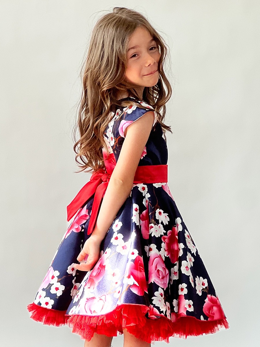 Платье для девочки нарядное БУШОН ST30, стиляги, цвет темно-синий/красный цветы 