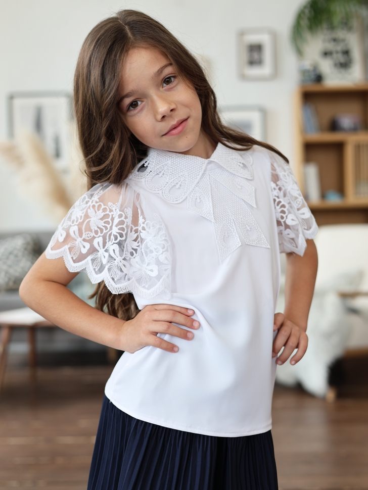 Блузка для девочек нарядная БУШОН, модель SK54, цвет белый