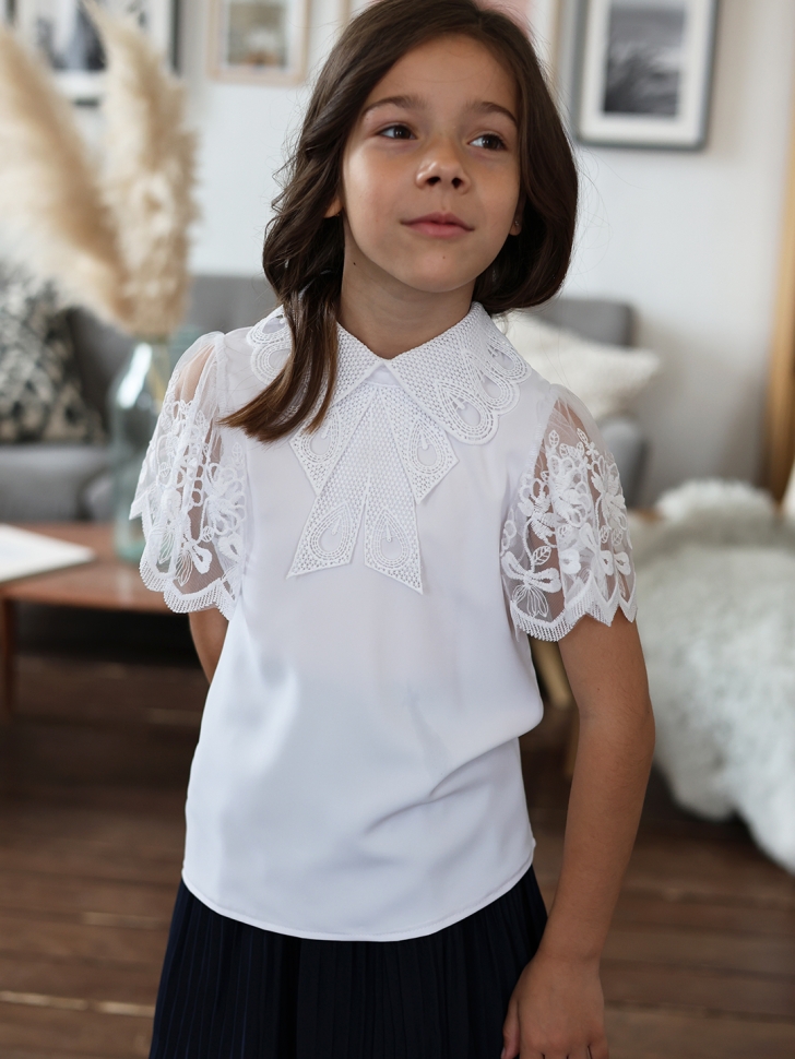 Блузка для девочек нарядная БУШОН, модель SK54, цвет белый