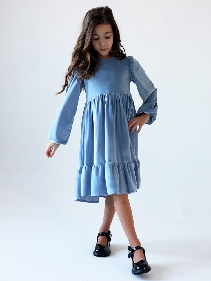 Платье велюровое нарядное БУШОН ST63, цвет серо-голубой