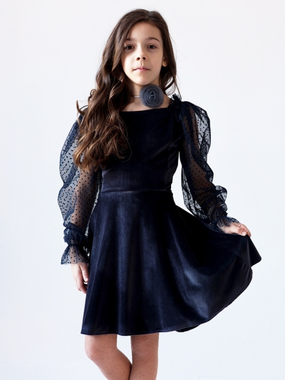 Платье велюровое БУШОН ST63, цвет серо-синий/пояс choker