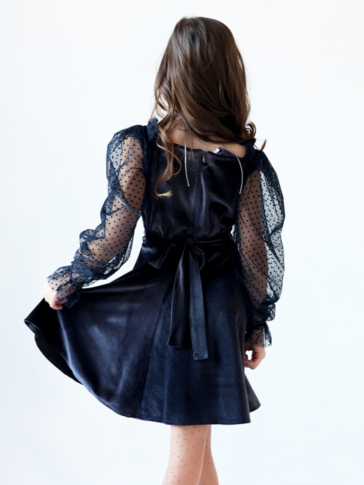 Платье велюровое БУШОН ST63, цвет серо-синий/пояс choker