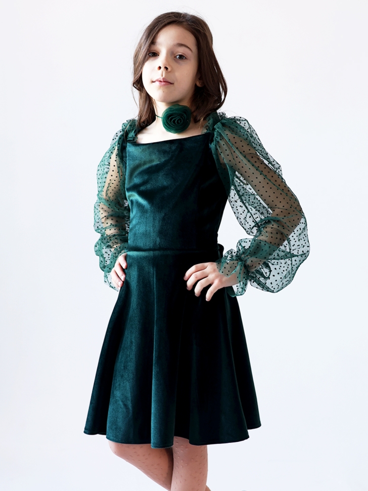 Платье велюровое БУШОН ST63, цвет изумрудный/пояс choker