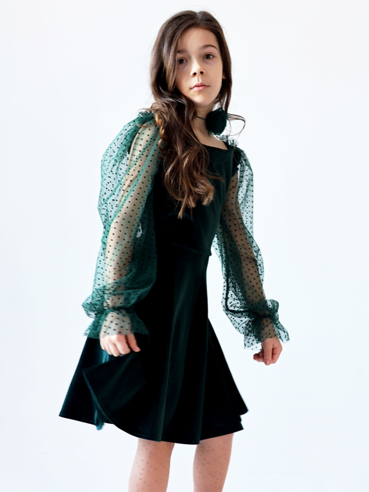 Платье велюровое БУШОН ST63, цвет изумрудный/пояс choker