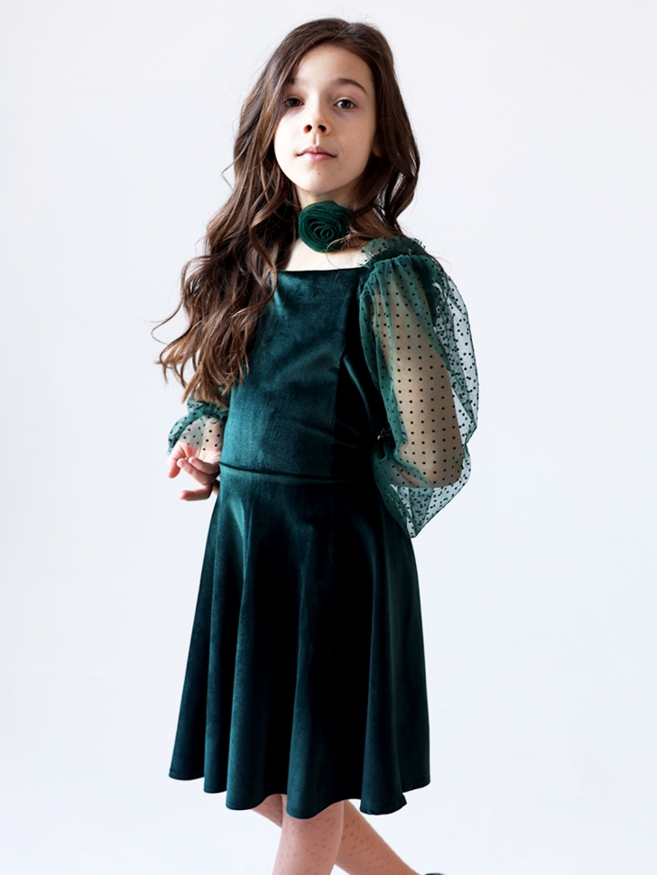 Платье велюровое БУШОН ST63, цвет изумрудный/пояс choker