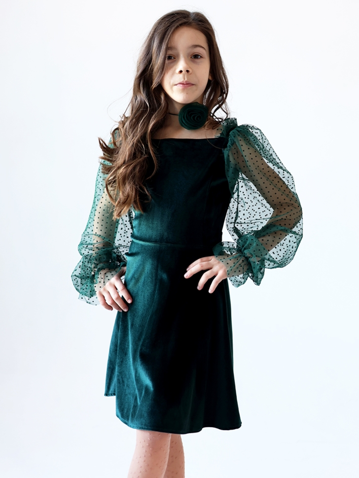 Платье велюровое БУШОН ST63, цвет изумрудный/пояс choker