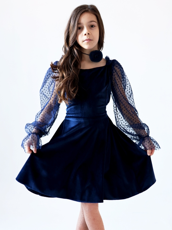 Платье велюровое БУШОН ST63, цвет темно-синий/пояс choker