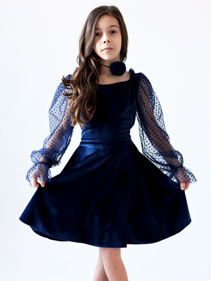 Платье велюровое БУШОН ST63, цвет темно-синий/пояс choker