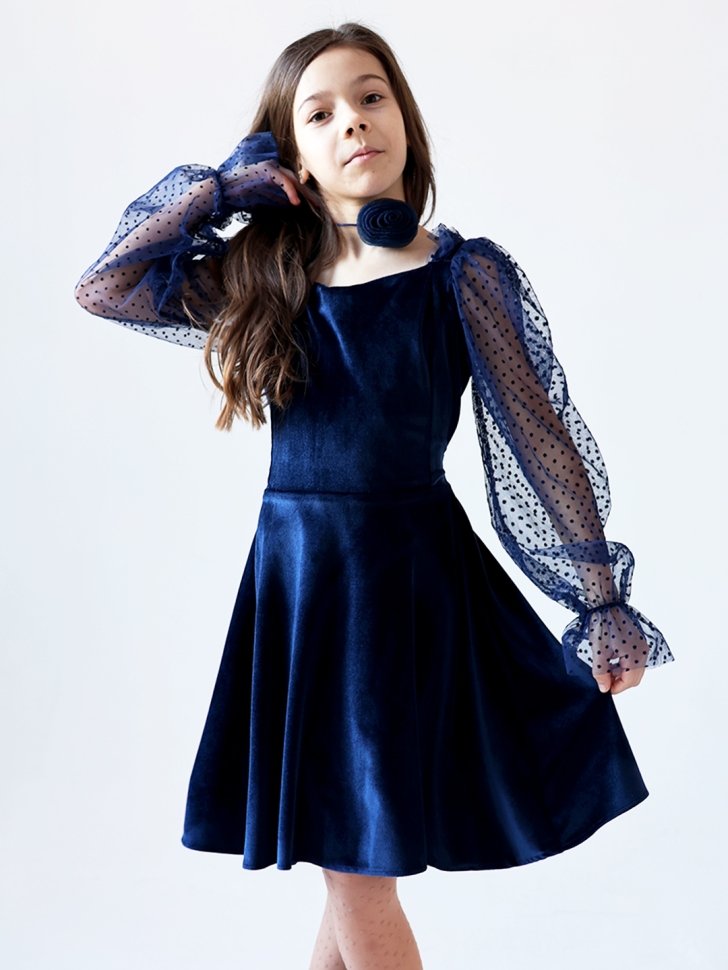 Платье велюровое БУШОН ST63, цвет темно-синий/пояс choker