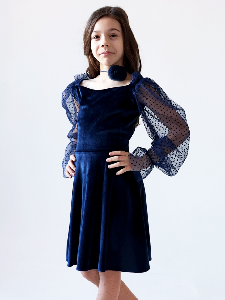 Платье велюровое БУШОН ST63, цвет темно-синий/пояс choker