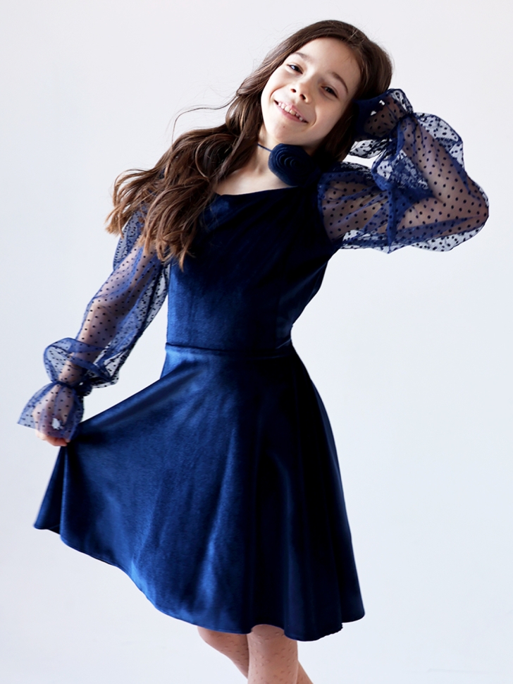 Платье велюровое БУШОН ST63, цвет темно-синий/пояс choker