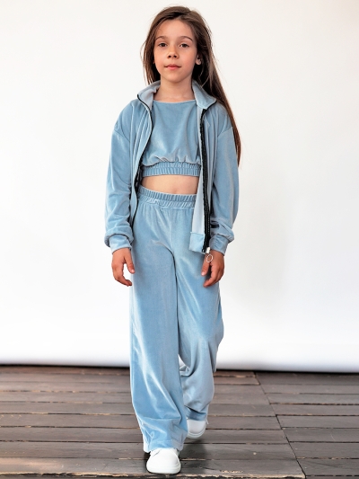 Костюм для девочки из велюра БУШОН SP223, цвет серо-голубой