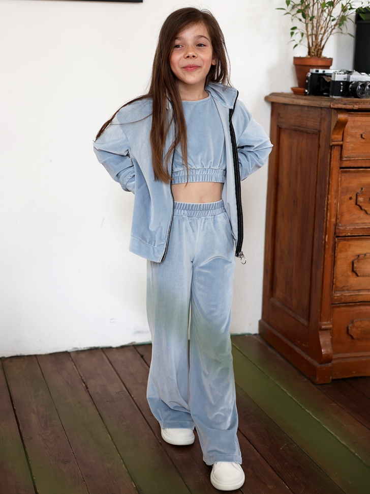 Костюм для девочки из велюра БУШОН SP223, цвет серо-голубой 