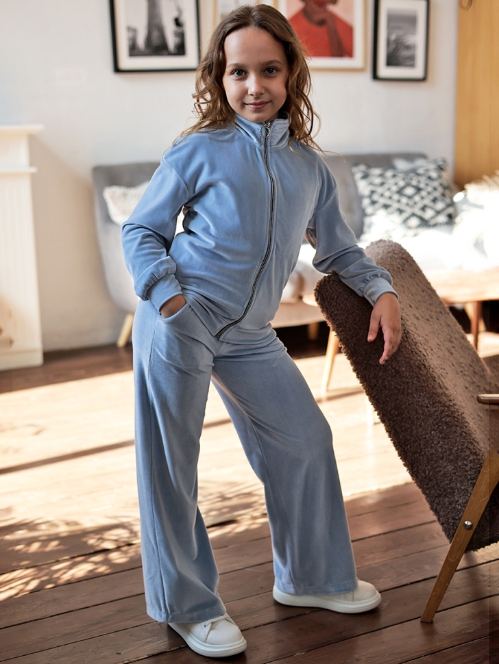 Костюм для девочки из велюра БУШОН SP223, цвет серо-голубой 