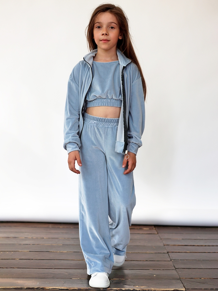 Костюм для девочки из велюра БУШОН SP223, цвет серо-голубой 