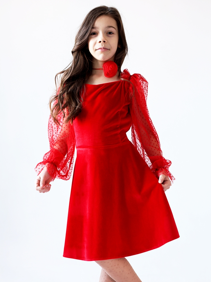 Платье велюровое БУШОН ST63, цвет красный/пояс choker