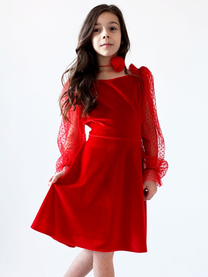 Платье велюровое БУШОН ST63, цвет красный/пояс choker